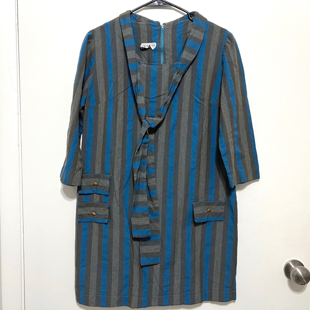 Vintage 1950-1960s Womens Ascot Striped Shift Dress Size S/M Blue Gray‎ Handmade